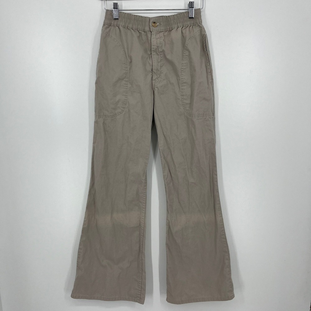 Levis Women's Small Wide Leg Flare Pants Tan Khaki Elastic Waist Vtg 70s 80s